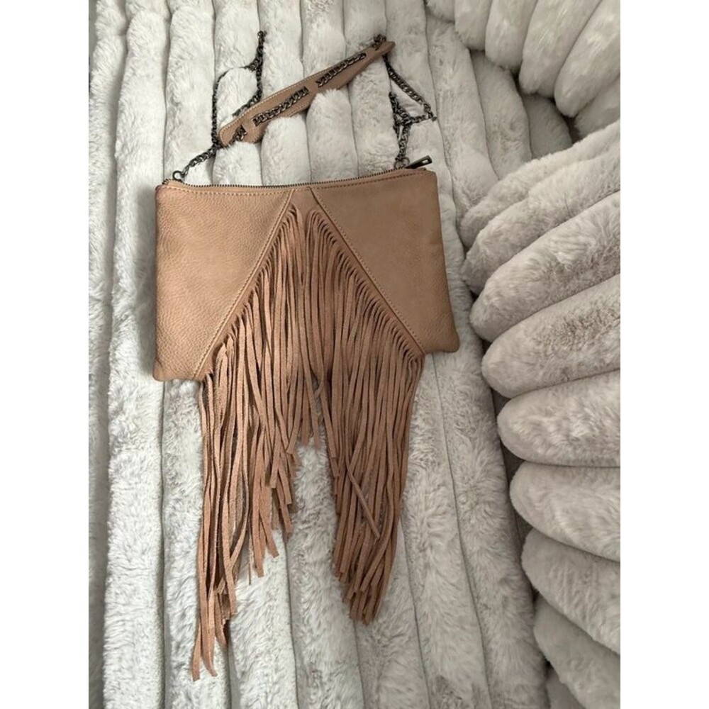 Tan Fringed Faux Leather Crossbody Bag